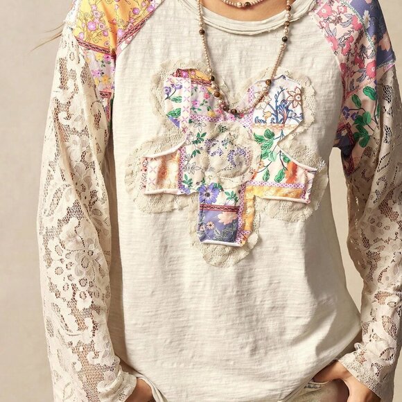 Apricot Boho Casual Women's Knit Contrast Lace Floral T-Shirt - Picture 7 of 9